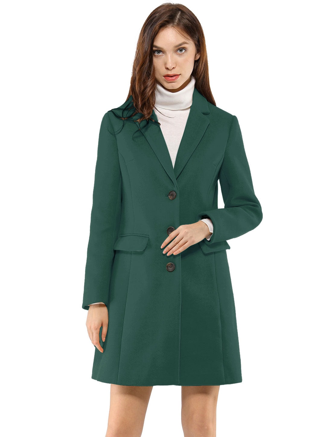 Deep green button-front coat shown straight on, featuring notched lapels and two flap pockets.