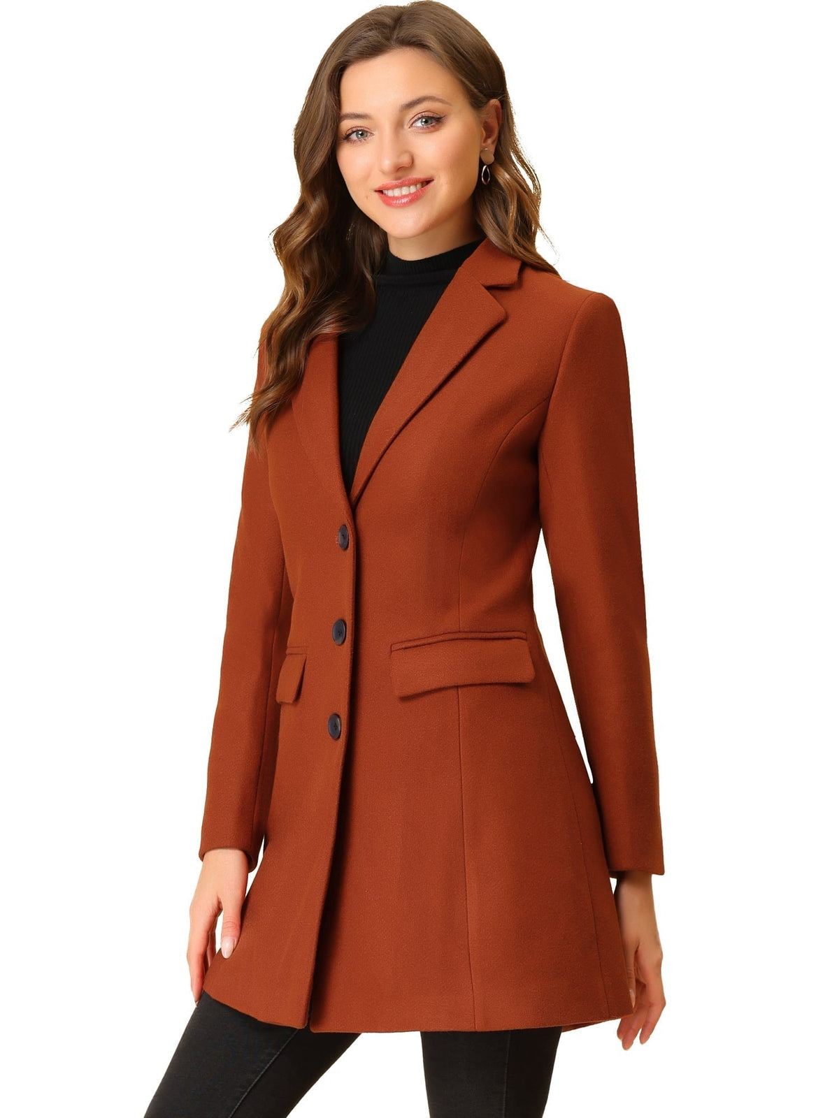 Rust-red tailored coat shown front-facing over a black top, with dark buttons and a horizontal flap pocket.