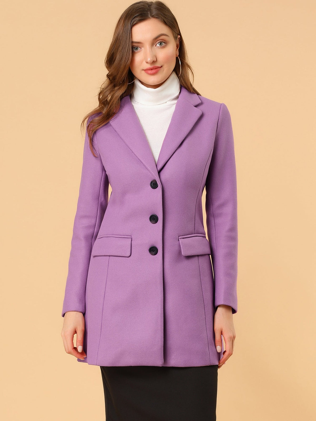 Purple coat shown straight on with three dark buttons, notched lapels, and paired flap pockets.