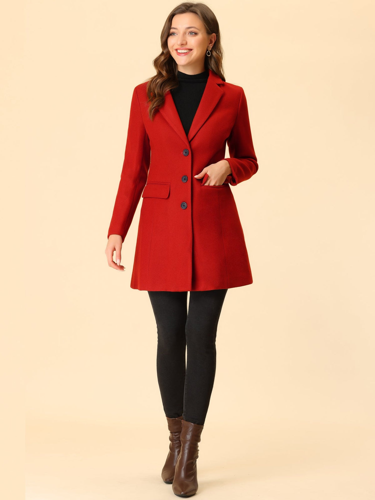 Red lapel coat shown in a full-length front view over a black top and leggings.