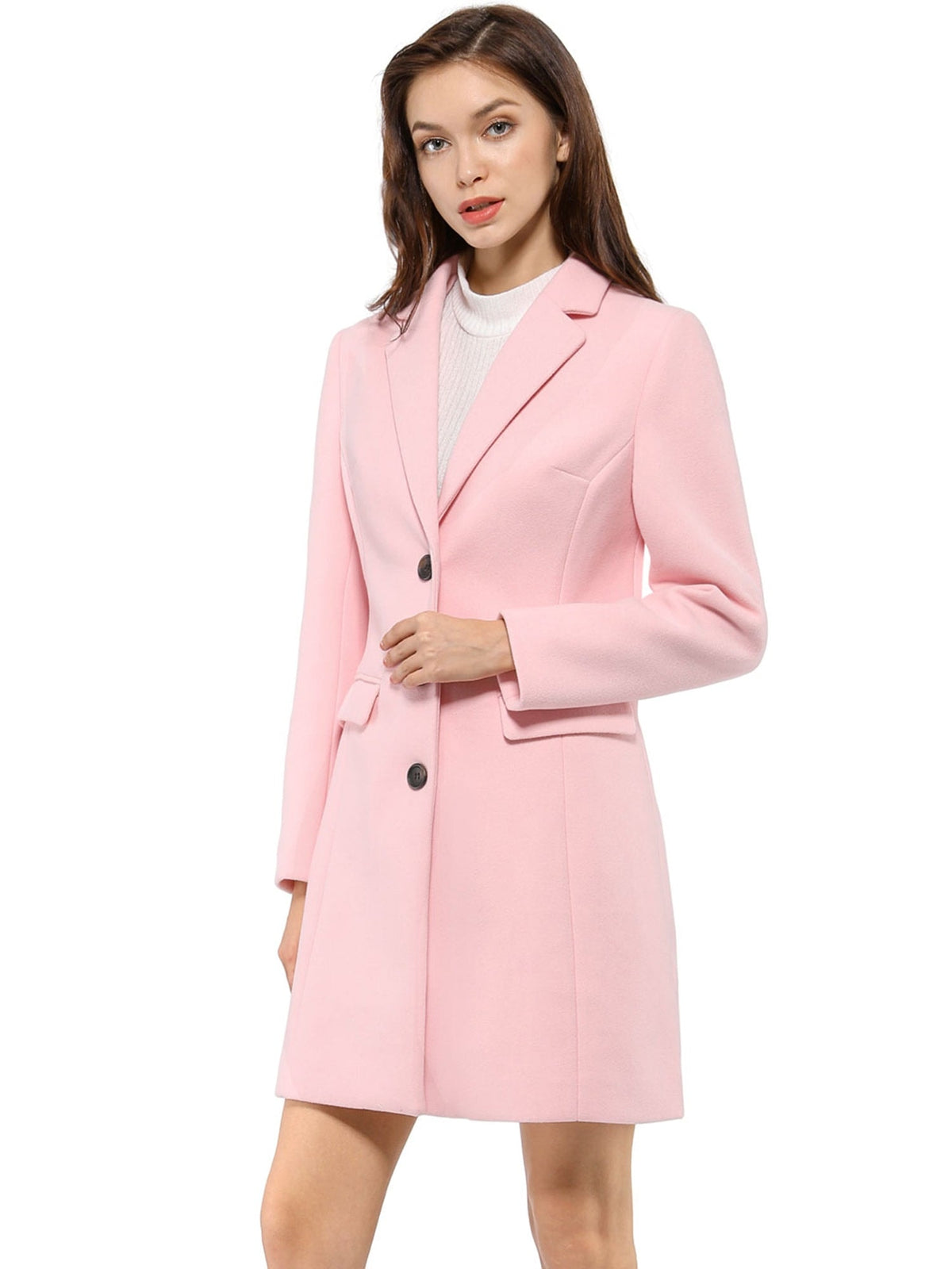 Pink lapel coat shown from a slightly angled front view with the button front partly fastened.