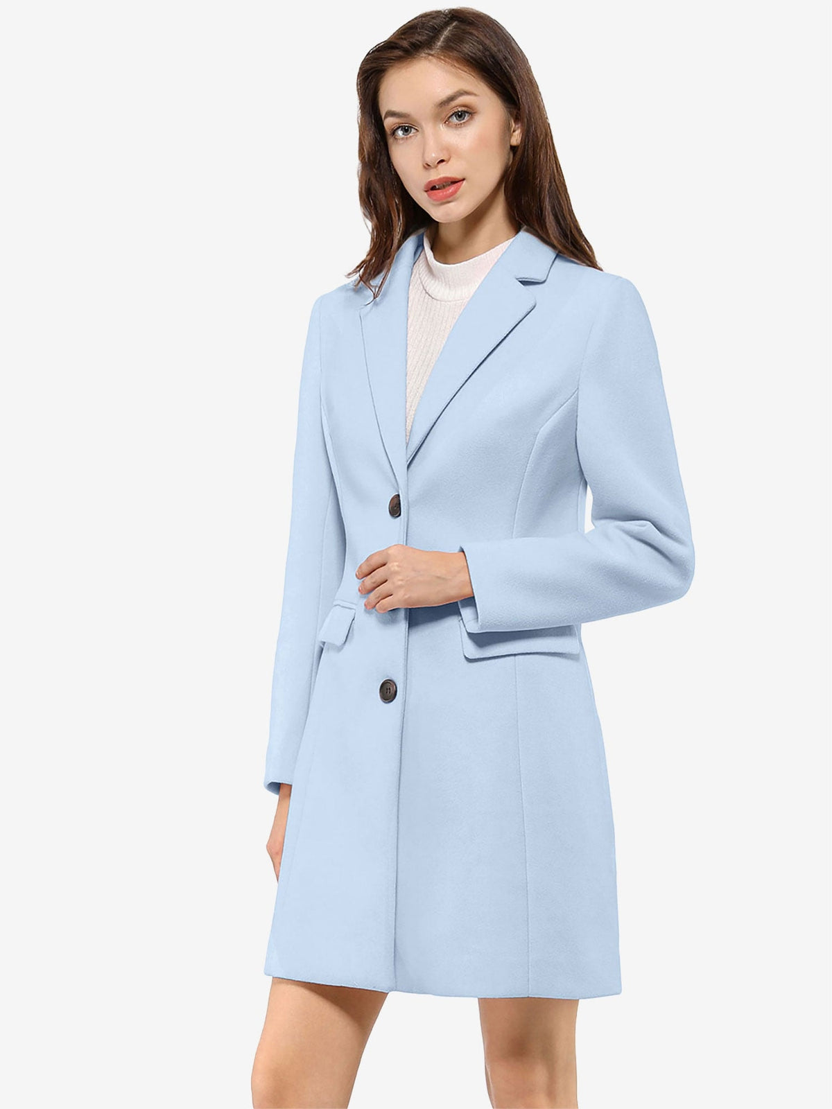 Light blue tailored coat with notched lapels, dark buttons, and a flap pocket, shown front-facing.