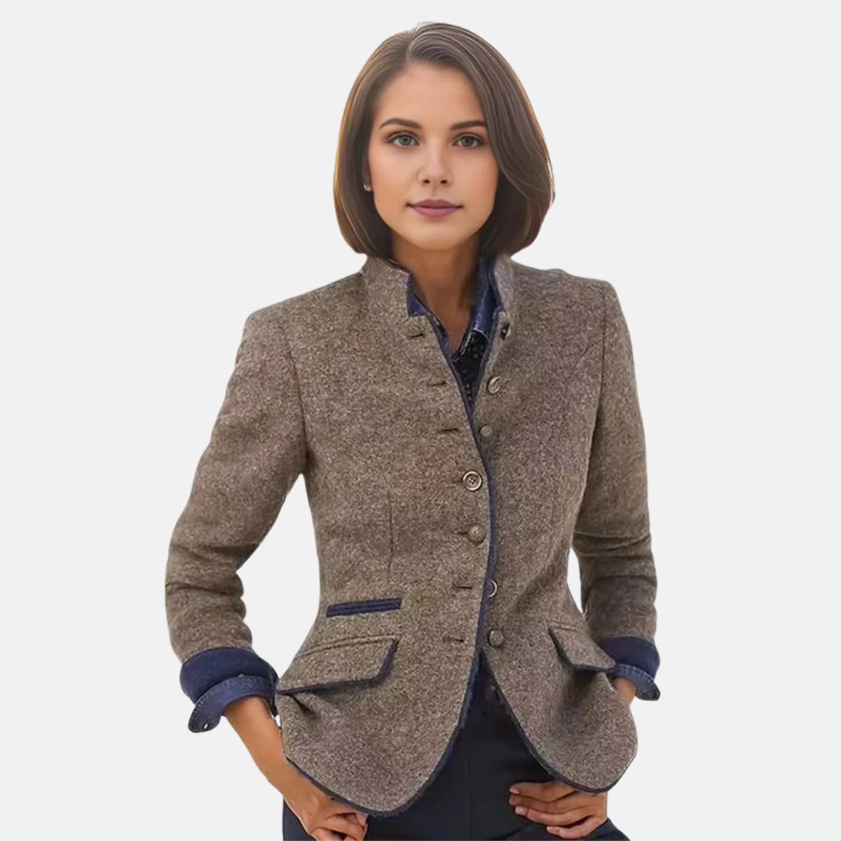 Bronagh tailored stand-collar jacket in brown with a shaped silhouette, button front, and flap pockets, shown with the cuffs turned up.