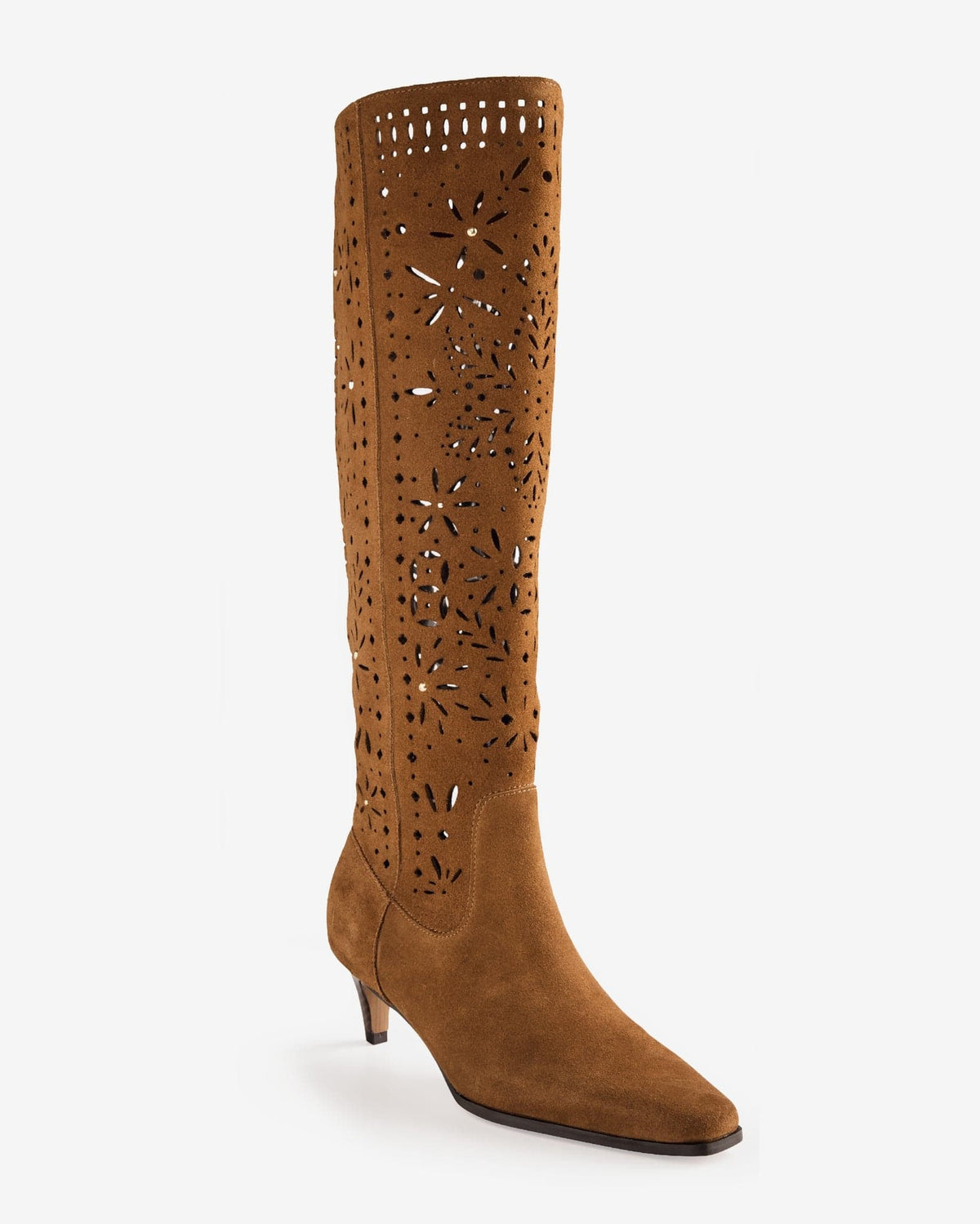 Caramel brown tall boot with intricate laser cut floral perforations throughout the shaft, pointed toe, and kitten heel shown on white background._0