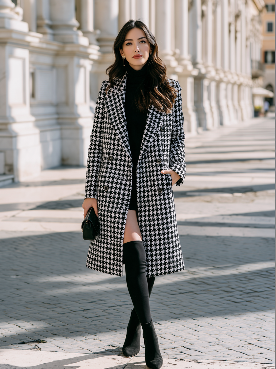 Woman wearing a long double-breasted houndstooth coat with notch lapels, worn open over a polo neck with knee-high boots._0