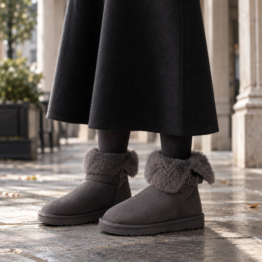 Pair of dark gray snow boots with plush fold-over cuffs, side buckles, rounded toes, and substantial soles styled beneath a black skirt.