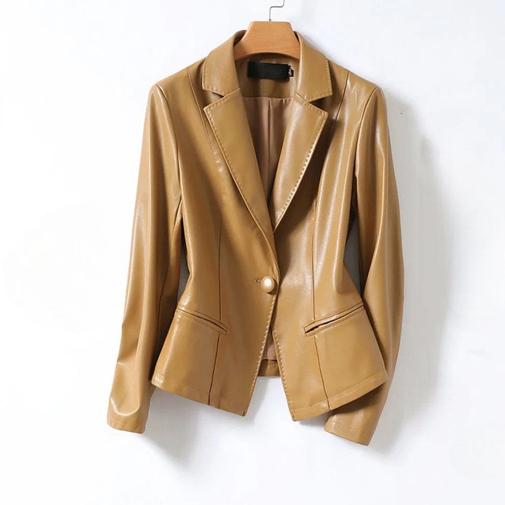 A tailored blazer with notched lapels, long sleeves, a single button closure, and front welt pockets shown on a hanger._0