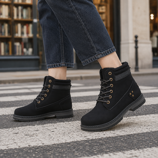 Black lace-up ankle boots with padded collars, rounded toes, gold-tone eyelets, and treaded soles worn with cropped dark jeans on a city crosswalk.