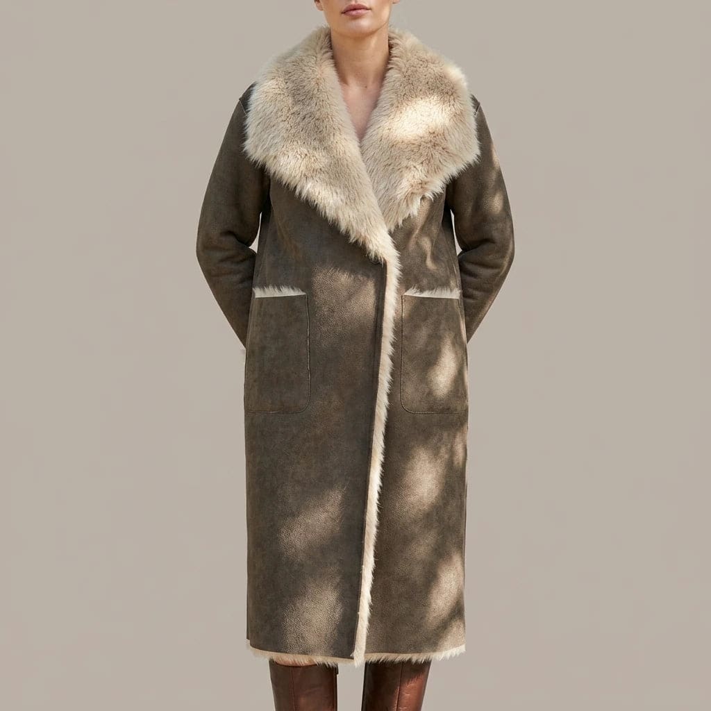 Woman wearing a long open-front coat with a large plush shawl collar, trimmed edges and two patch pockets, worn over tall boots._0