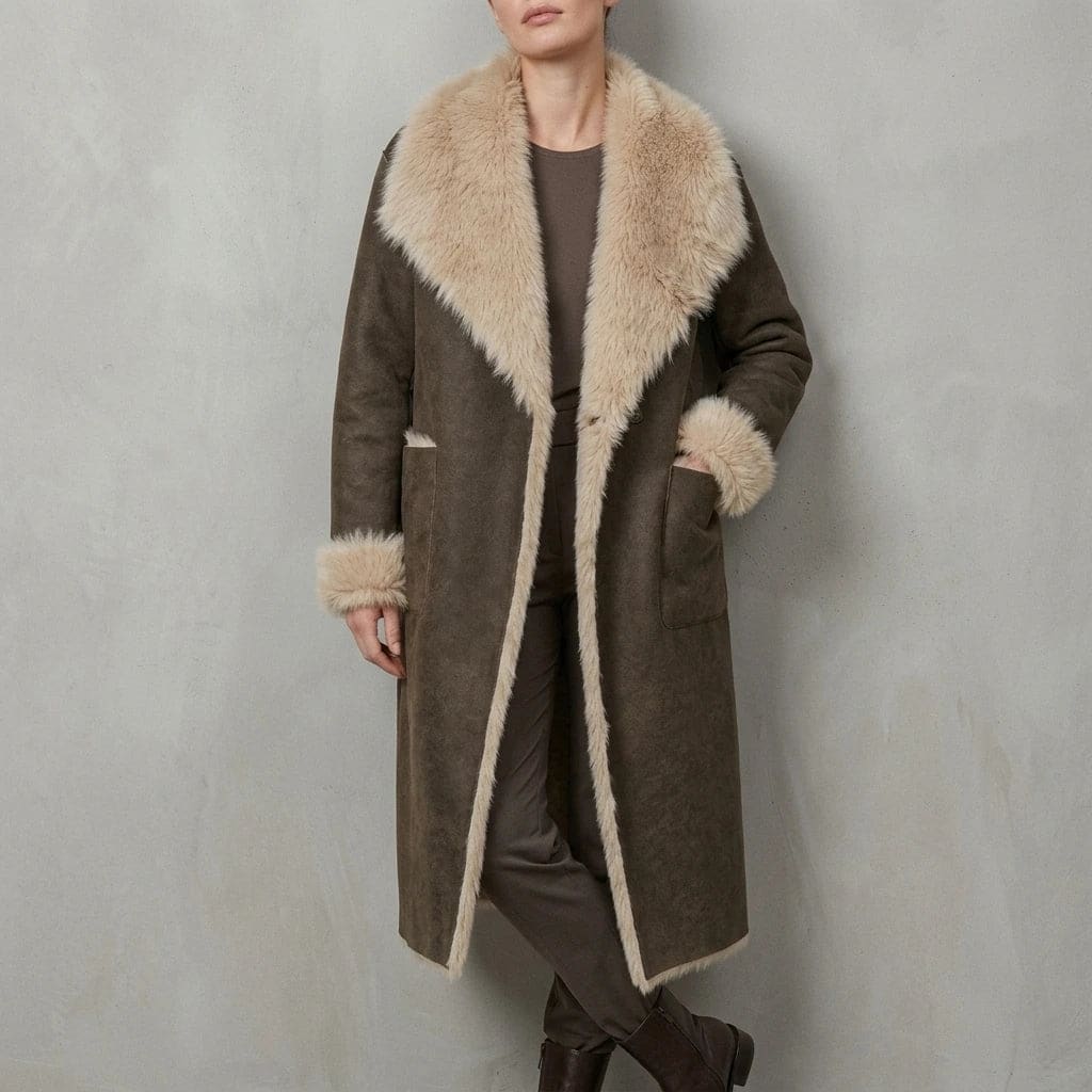 Woman wearing a long open-front coat with a large plush shawl collar, trimmed edges and two patch pockets, worn over tall boots._1