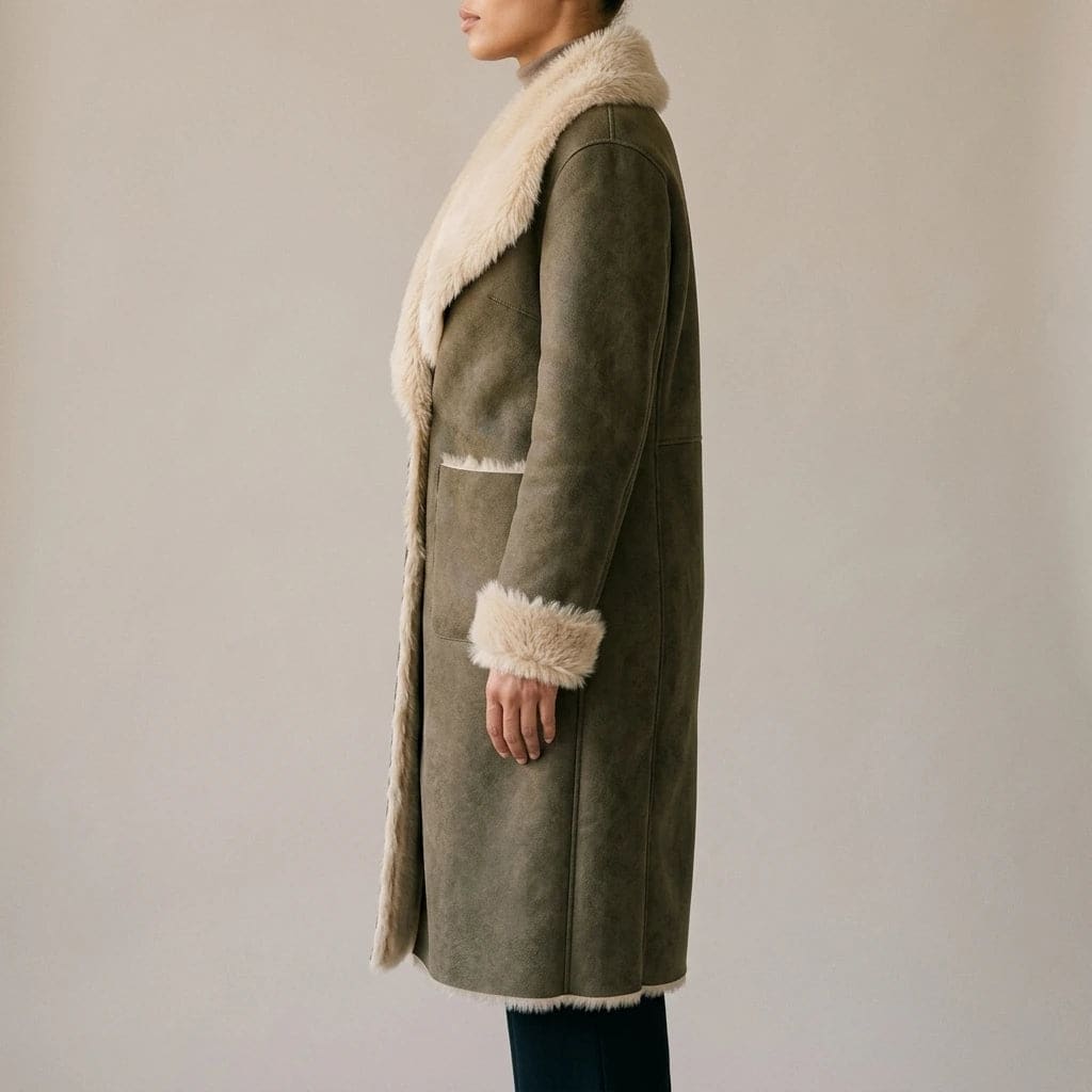 Woman wearing a long open-front coat with a large plush shawl collar, trimmed edges and two patch pockets, worn over tall boots._2