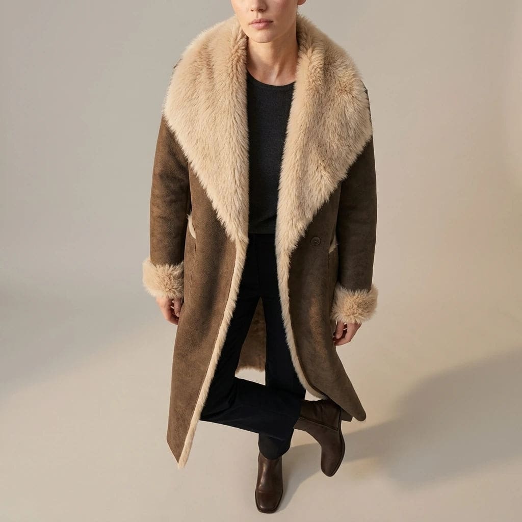 Woman wearing a long open-front coat with a large plush shawl collar, trimmed edges and two patch pockets, worn over tall boots._3