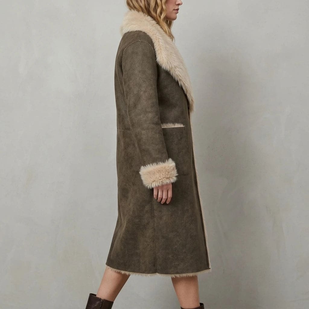 Woman wearing a long open-front coat with a large plush shawl collar, trimmed edges and two patch pockets, worn over tall boots._4
