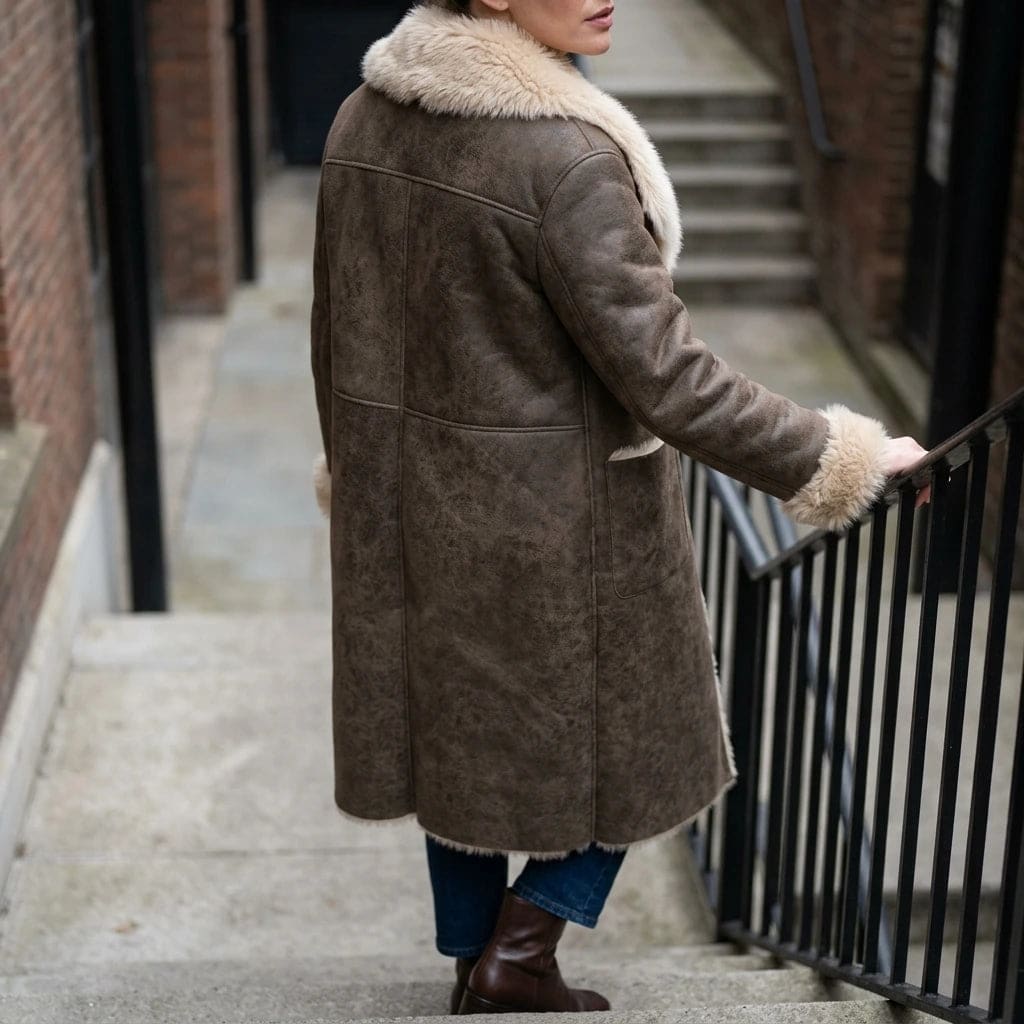 Natalie | Longline Shearling-Look Coat with Oversized Collar and Patch Pockets