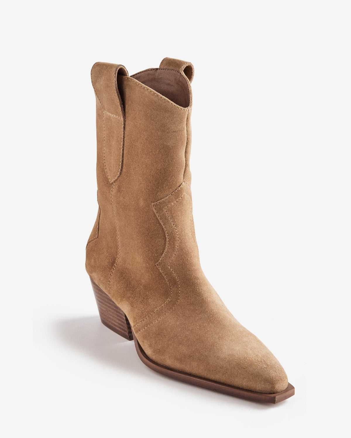 A western-inspired ankle boot with pointed toe and stacked heel in a neutral tone, displayed from a side angle._0