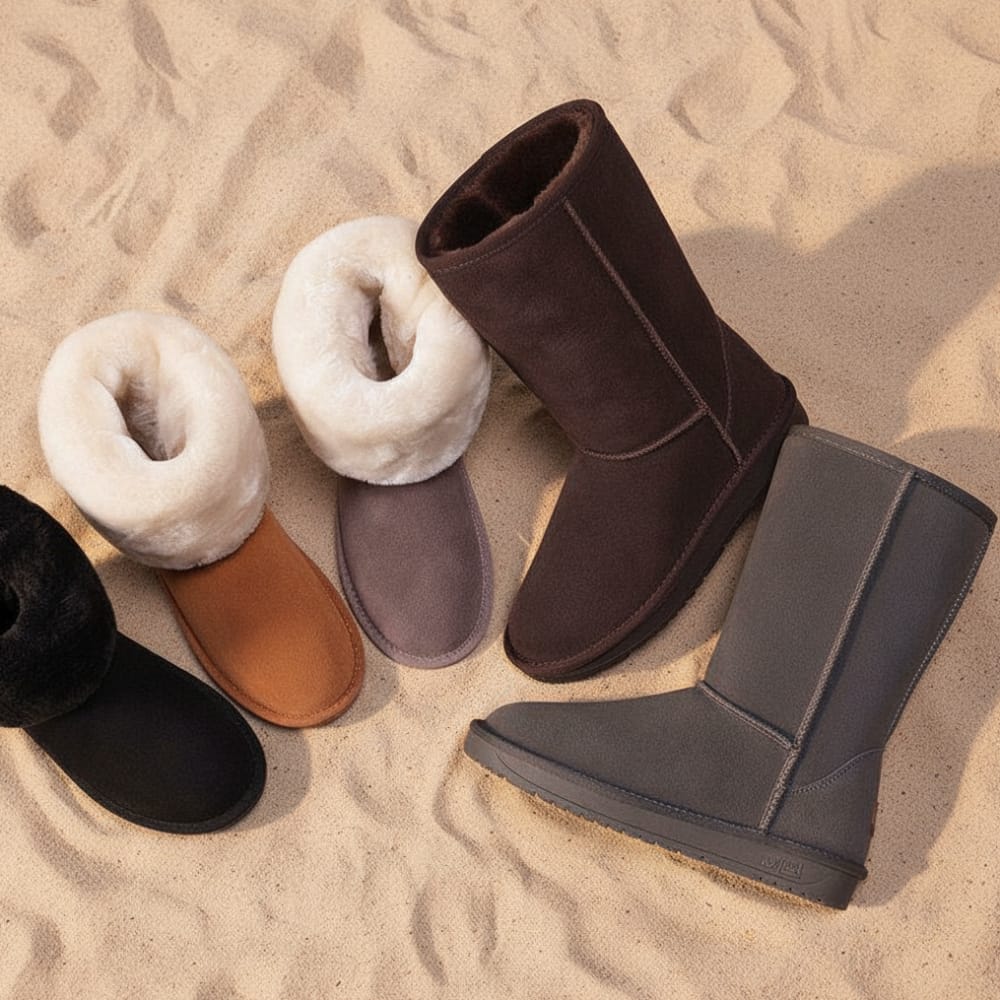 Mid-calf winter boots with plush lining and non-slip sole displayed on sandy surface in multiple color options._0