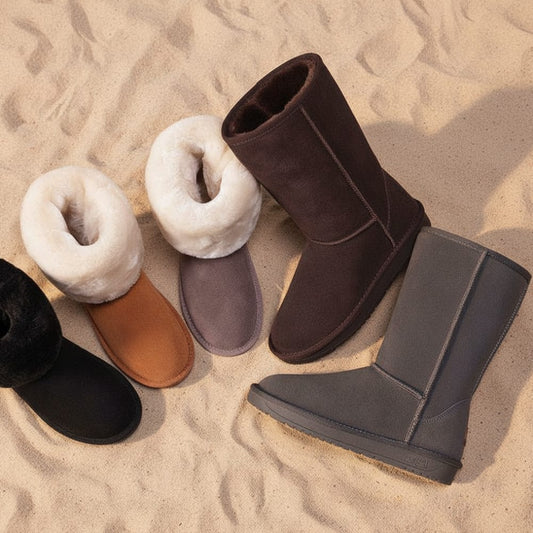 Mid-calf winter boots with plush lining and non-slip sole displayed on sandy surface in multiple color options._0