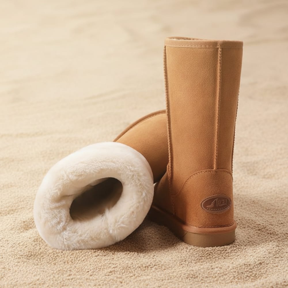 Mid-calf winter boots with plush lining and non-slip sole displayed on sandy surface in multiple color options._1