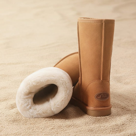 Mid-calf winter boots with plush lining and non-slip sole displayed on sandy surface in multiple color options._1