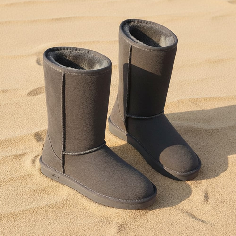 Mid-calf winter boots with plush lining and non-slip sole displayed on sandy surface in multiple color options._2