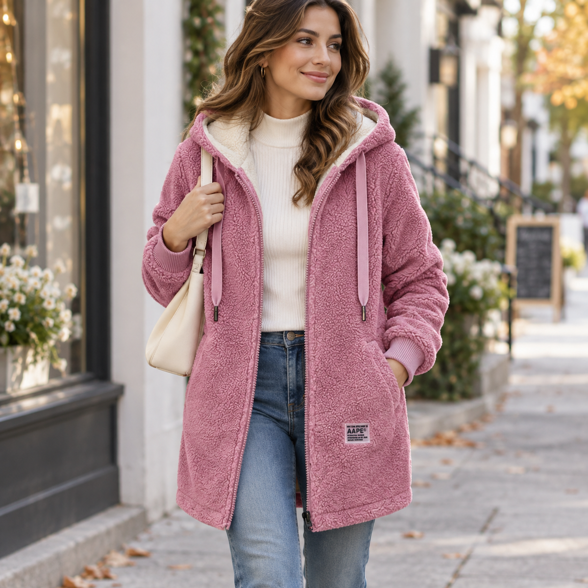 A woman wears a hooded longline zip jacket with front pockets over a light top and jeans on a city sidewalk._0