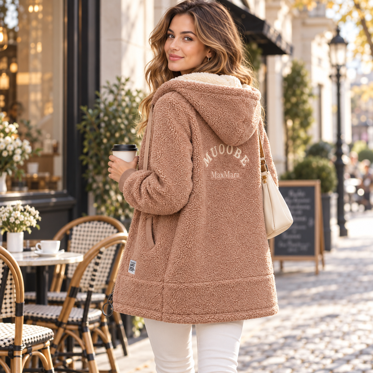 A woman wears a hooded longline zip jacket with front pockets over a light top and jeans on a city sidewalk._11
