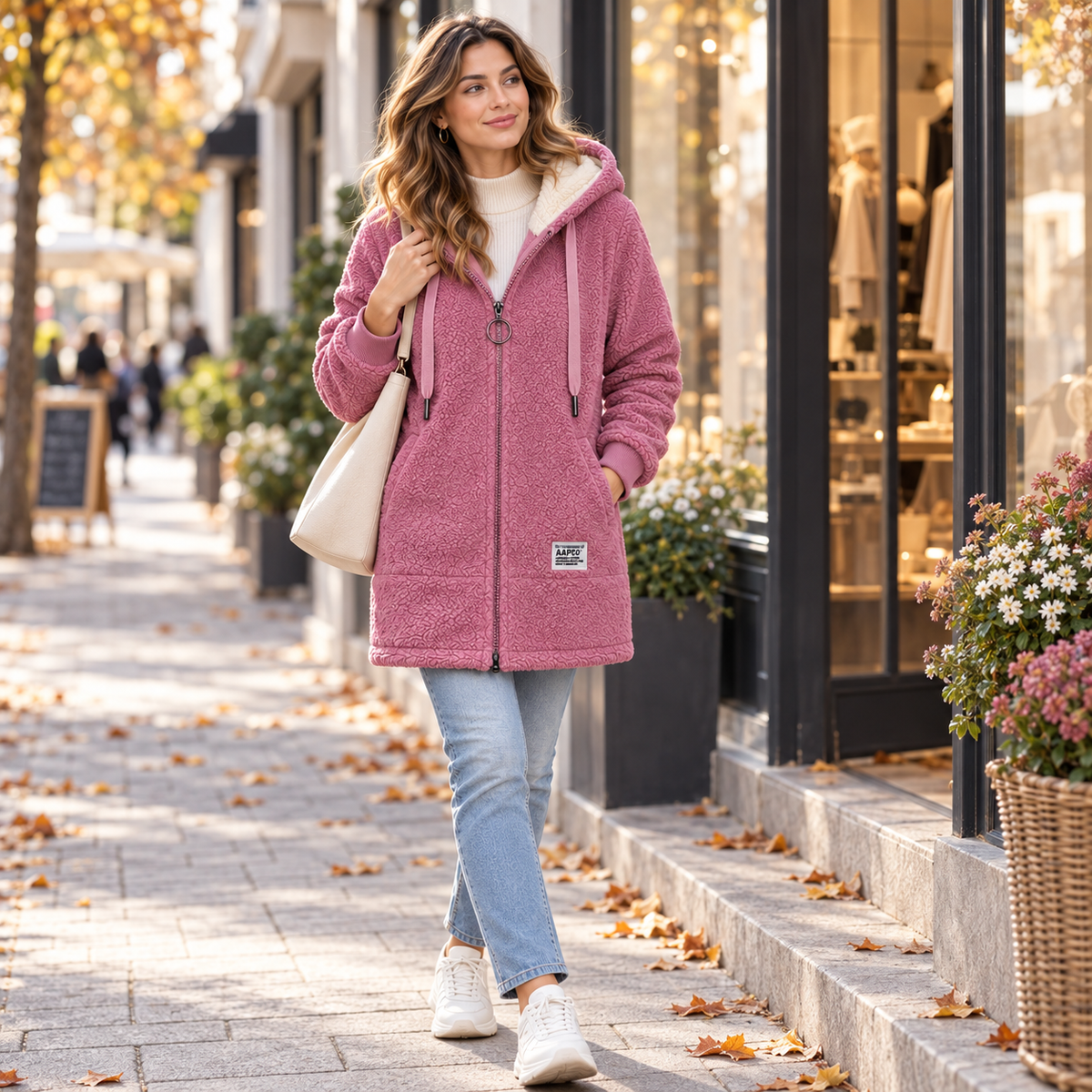 A woman wears a hooded longline zip jacket with front pockets over a light top and jeans on a city sidewalk._12