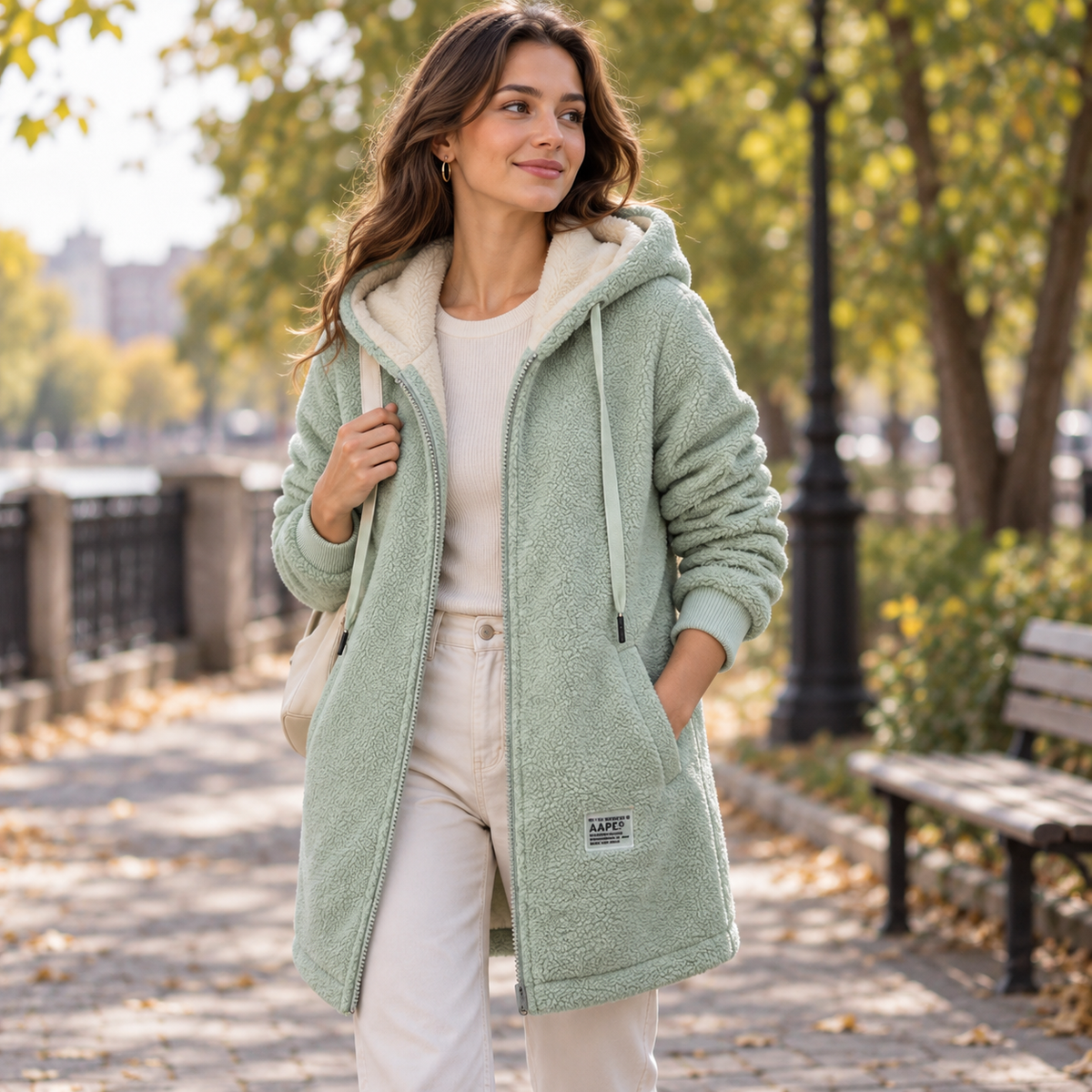 A woman wears a hooded longline zip jacket with front pockets over a light top and jeans on a city sidewalk._13