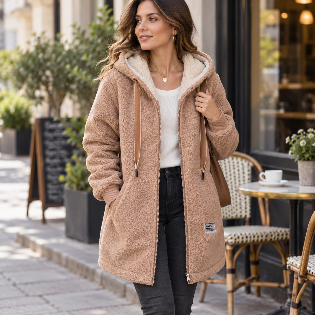 A woman wears a hooded longline zip jacket with front pockets over a light top and jeans on a city sidewalk._14