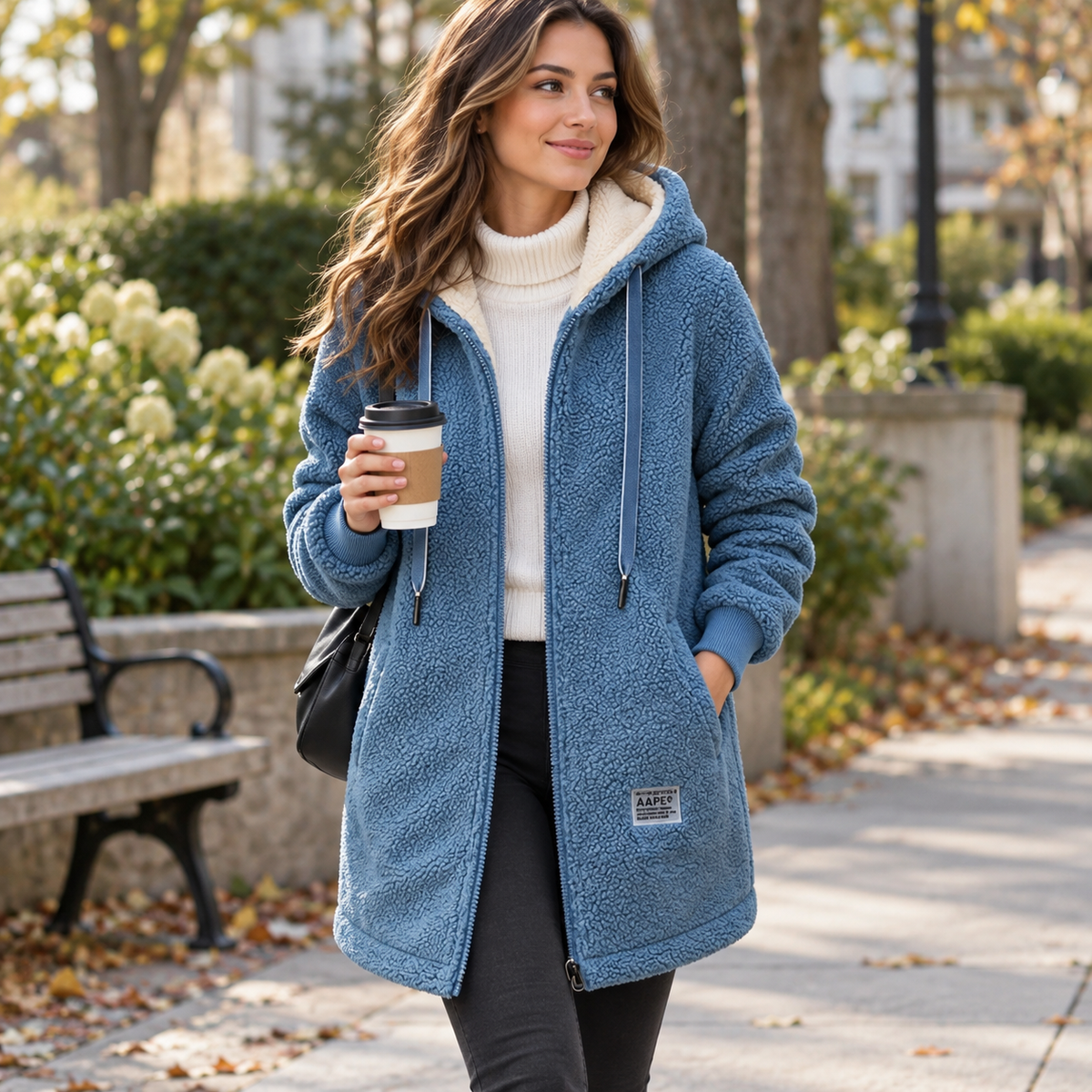 A woman wears a hooded longline zip jacket with front pockets over a light top and jeans on a city sidewalk._15