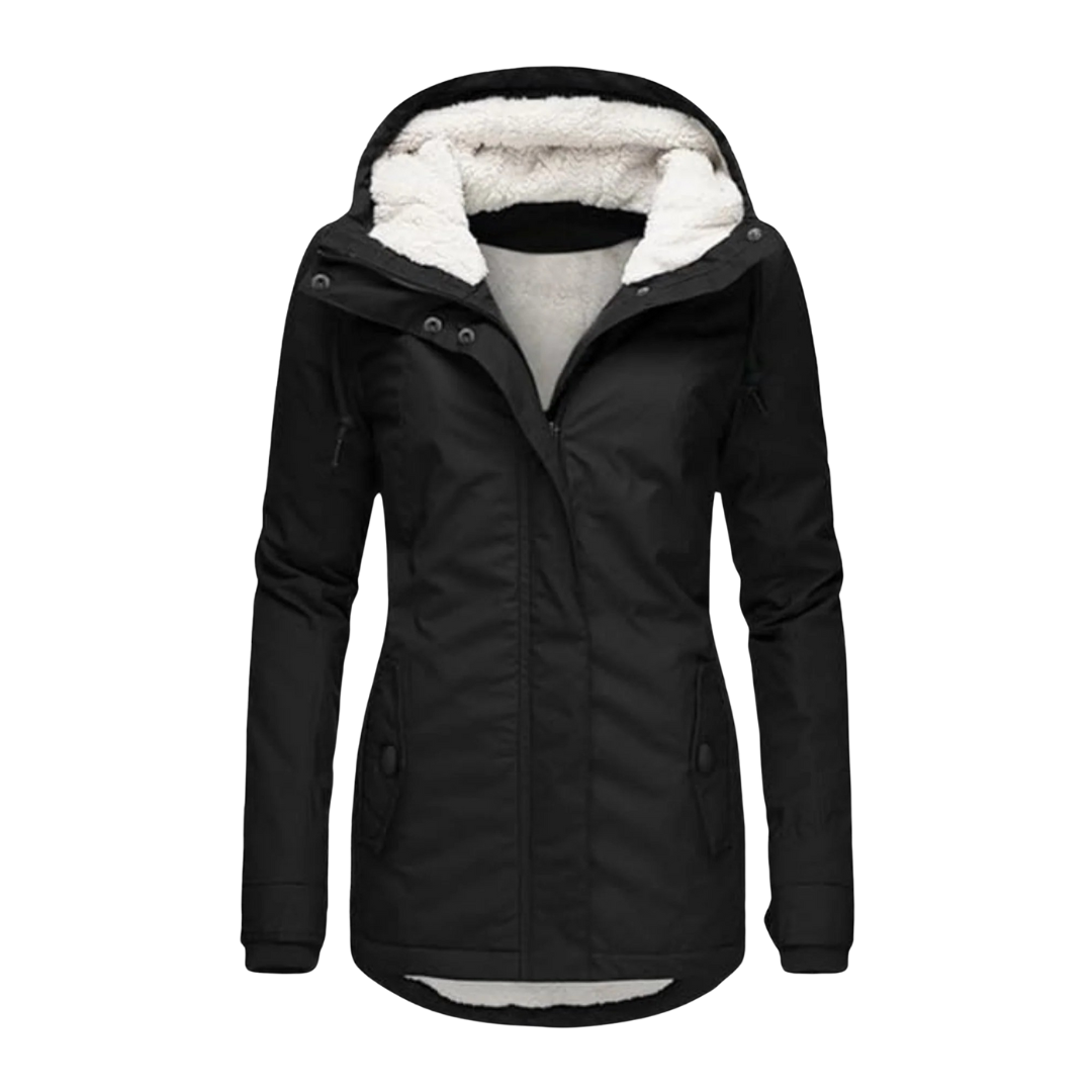 A model wears a hooded longline winter jacket with a front zip closure and front pockets._11