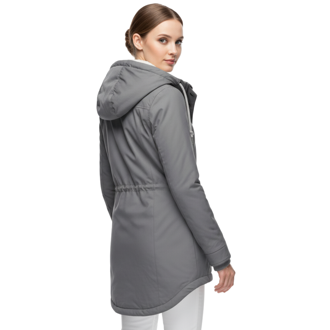 A model wears a hooded longline winter jacket with a front zip closure and front pockets._4