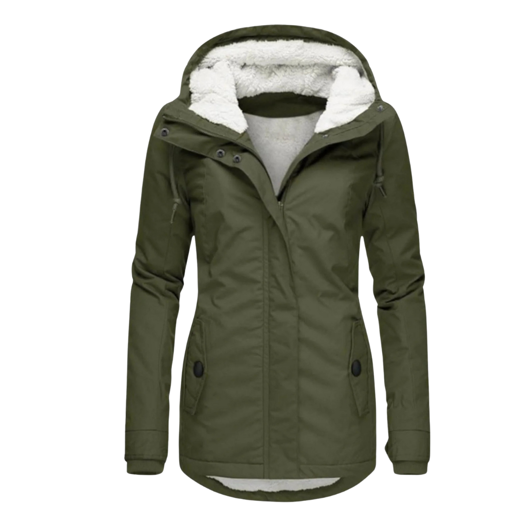 A model wears a hooded longline winter jacket with a front zip closure and front pockets._8