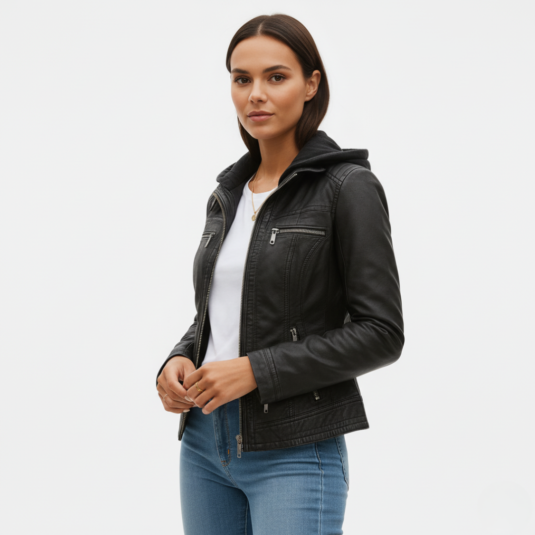 Model wearing a fitted biker-style jacket with a removable hood, front zipper, and zippered pockets._0