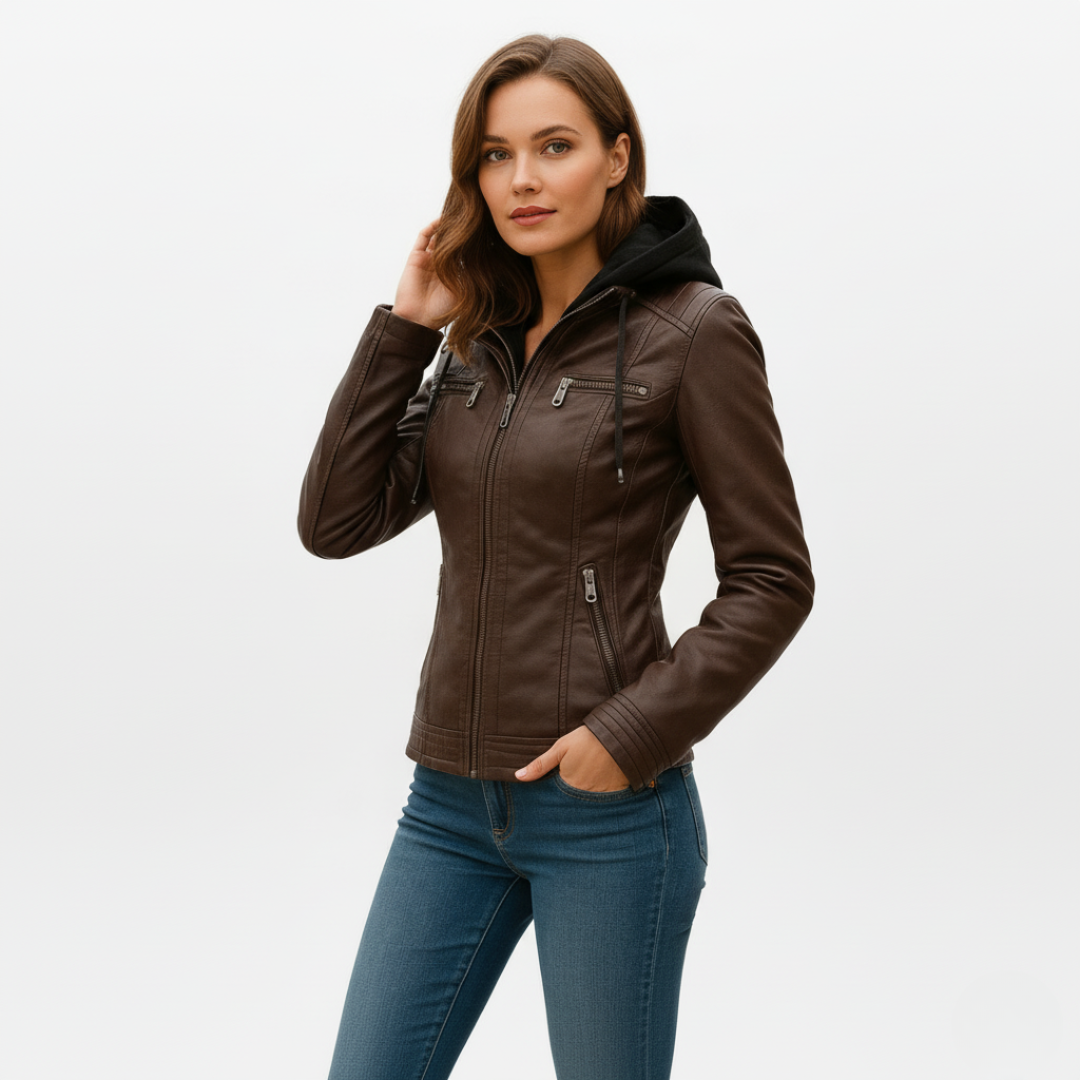 Model wearing a fitted biker-style jacket with a removable hood, front zipper, and zippered pockets._10