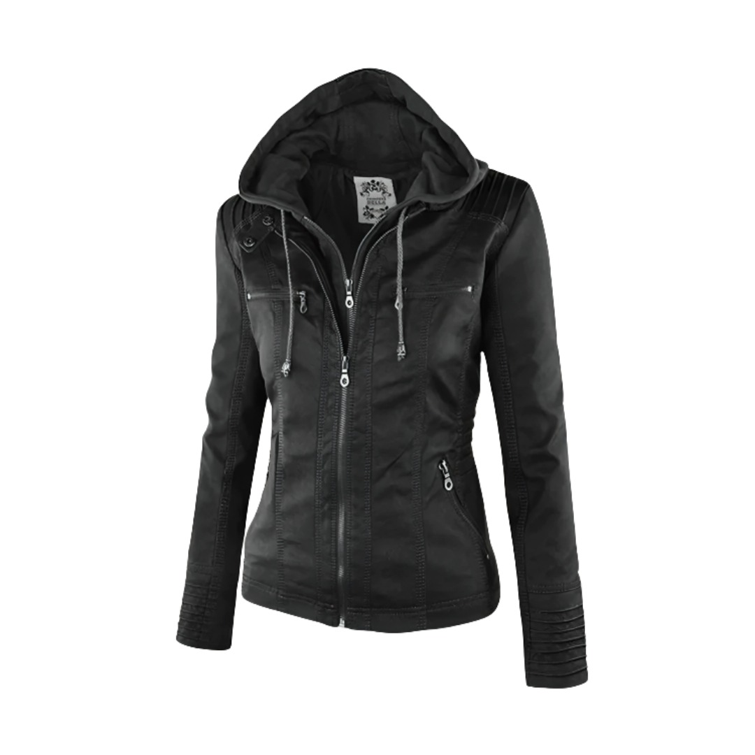 Model wearing a fitted biker-style jacket with a removable hood, front zipper, and zippered pockets._11
