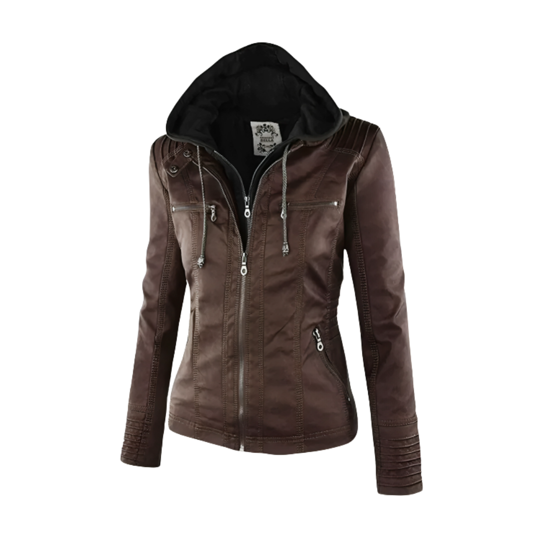 Model wearing a fitted biker-style jacket with a removable hood, front zipper, and zippered pockets._12