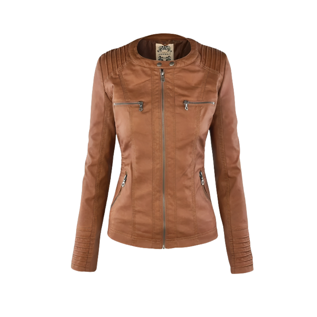 Model wearing a fitted biker-style jacket with a removable hood, front zipper, and zippered pockets._13