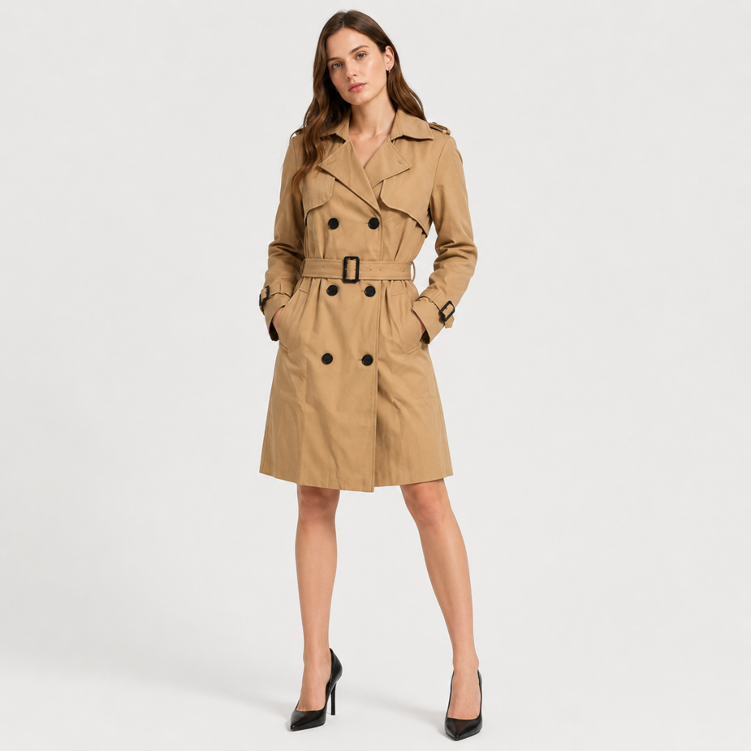 A woman wears a belted double breasted trench coat with notched lapels on a city street._1
