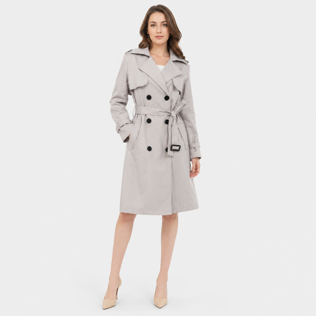 A woman wears a belted double breasted trench coat with notched lapels on a city street._3