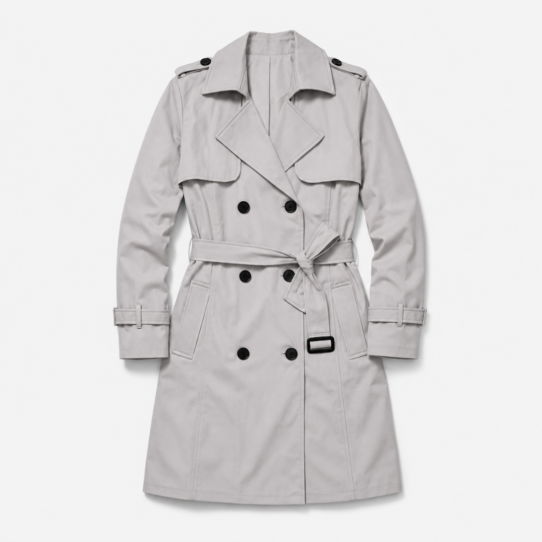A woman wears a belted double breasted trench coat with notched lapels on a city street._5