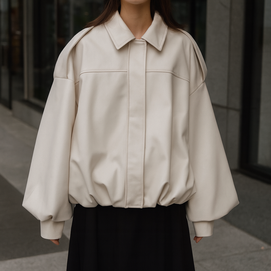 Front view of a woman wearing a relaxed bomber jacket with a pointed collar, balloon sleeves, and a gathered hem._0