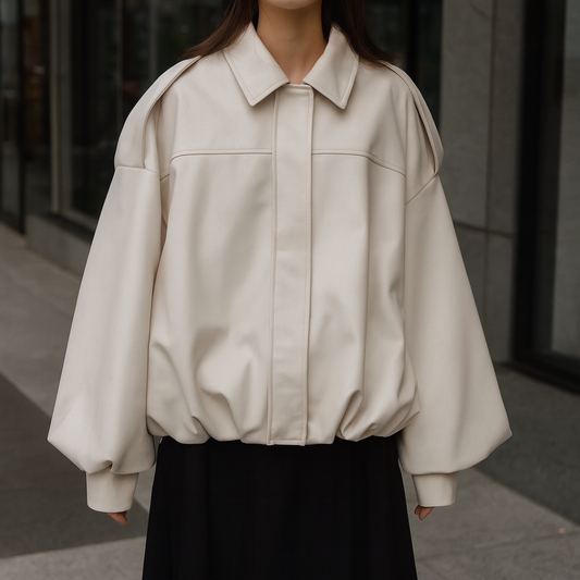 Front view of a woman wearing a relaxed bomber jacket with a pointed collar, balloon sleeves, and a gathered hem._0