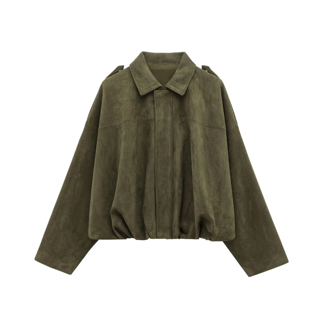Front view of a woman wearing a relaxed bomber jacket with a pointed collar, balloon sleeves, and a gathered hem._8