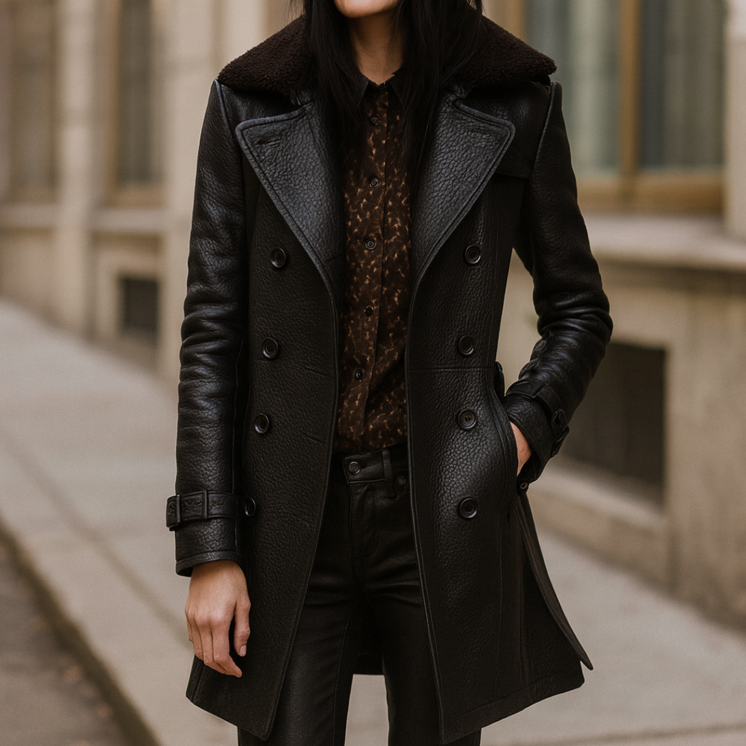 A woman wearing a dark double breasted mid length coat with a wide collar and belted cuffs outdoors._0