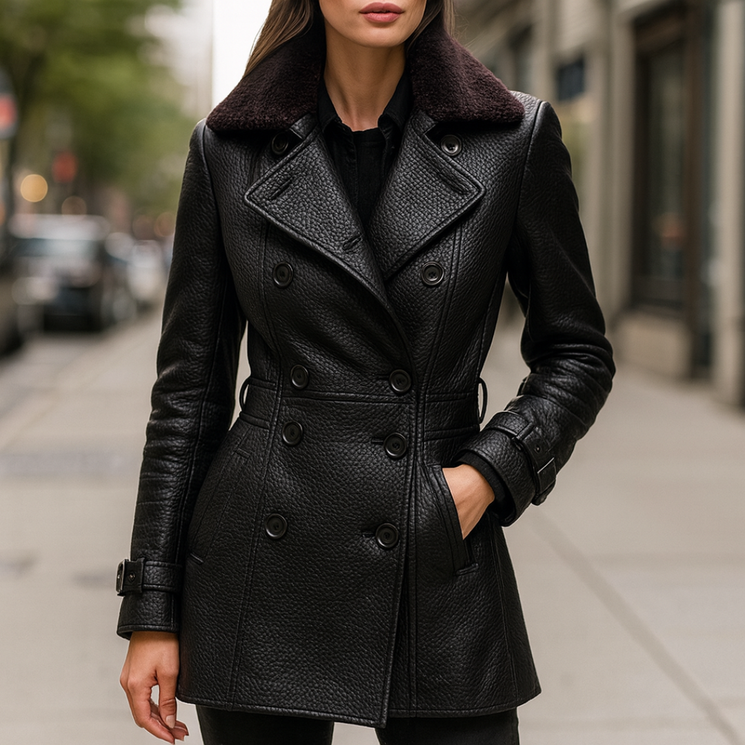 A woman wearing a dark double breasted mid length coat with a wide collar and belted cuffs outdoors._1