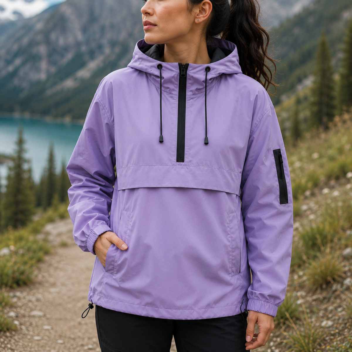 A model wears a hooded half zip anorak jacket with a large front pocket in a mountain setting._0