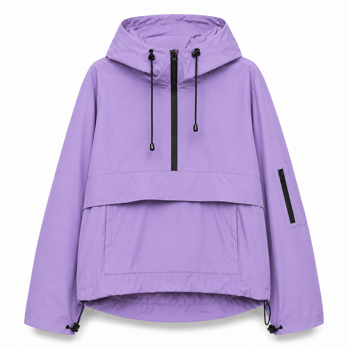 A model wears a hooded half zip anorak jacket with a large front pocket in a mountain setting._10