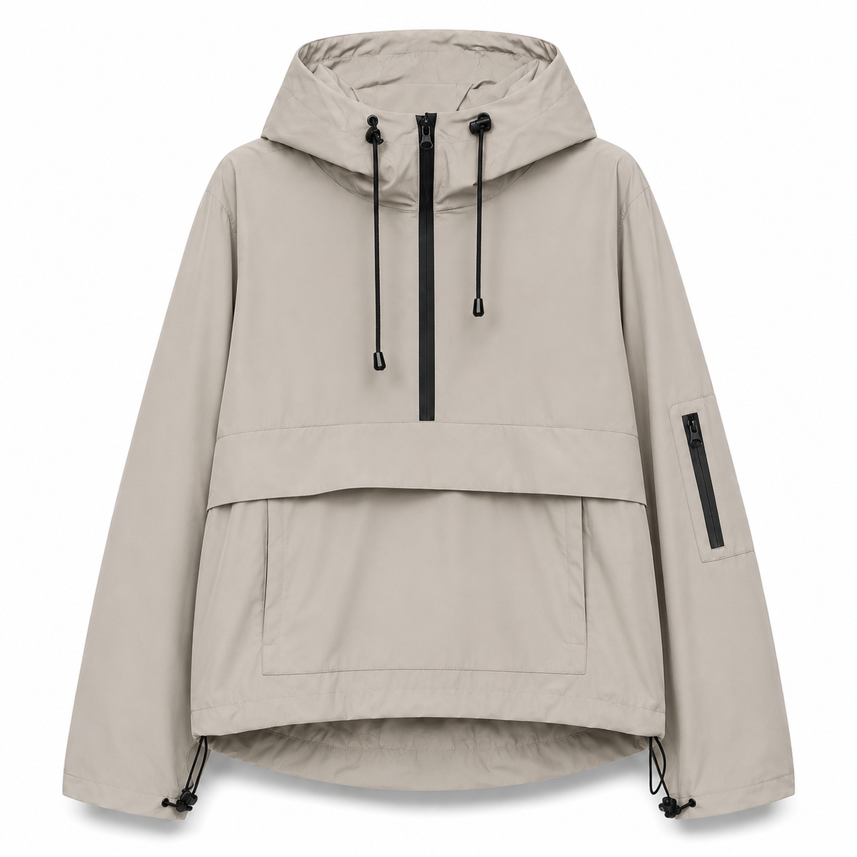 A model wears a hooded half zip anorak jacket with a large front pocket in a mountain setting._11
