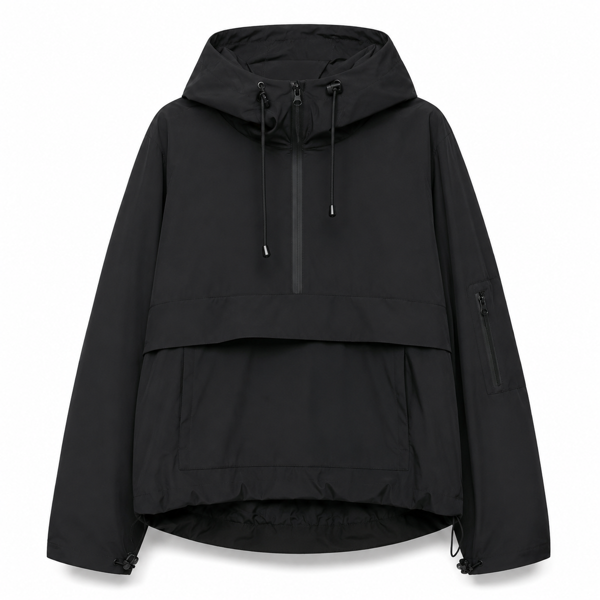 A model wears a hooded half zip anorak jacket with a large front pocket in a mountain setting._12